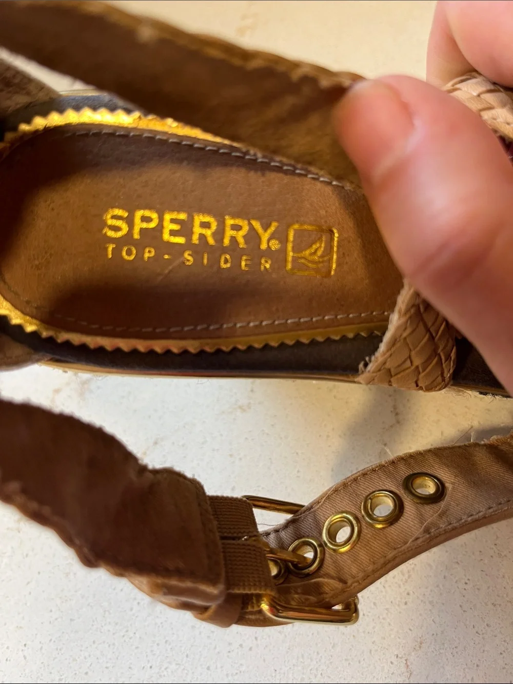 Sperry Braided Tan Wedge Sandals with Black Espadrille Platform and Gold Trim